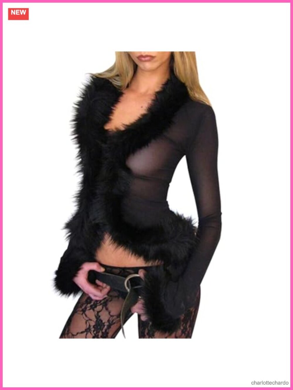 Mesh Top Faux Fur Trim Sheer Fuzzy Long Sleeve V Neck Crop Shirt Y2K Fairy Rave